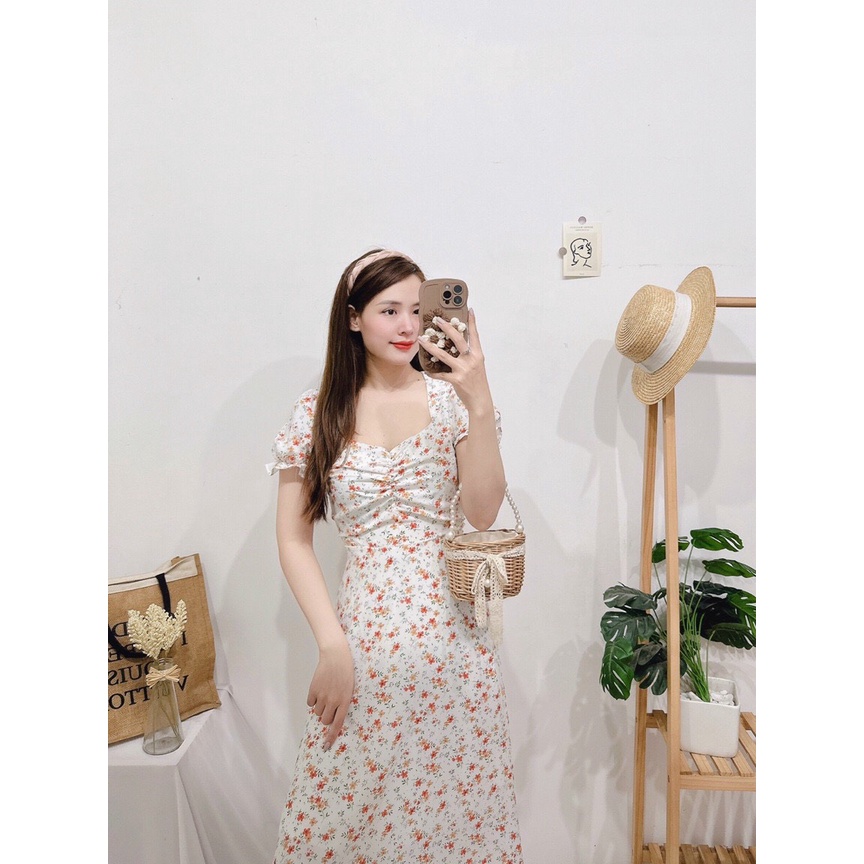 ĐẦM HOA NHÍ MAXI NHÚN NGỰC TAY BO THUN - Hình Shop Chụp Thật