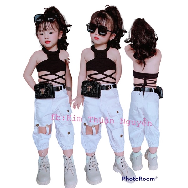 Sét quần túi hộp và áo cổ yếm cho bé gái 7-40k