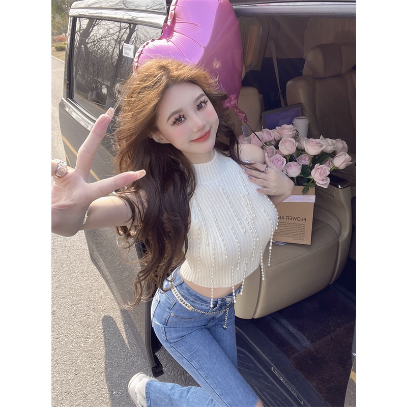 QADCOL Áo Dệt Kim Sát Nách Phối Dây Xích Đính Hạt Ngọc Trai Thời Trang Xuân Hè Cho Nữ