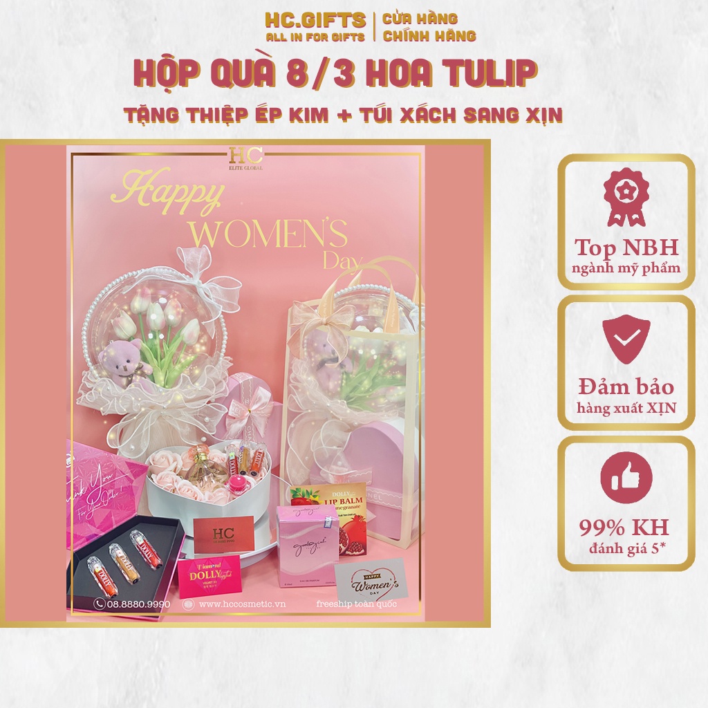 Set quà tặng sinh nhật bó hoa bóng Tulip , quà tặng bạn gái nước hoa son môi sang trọng by HC GIFTS