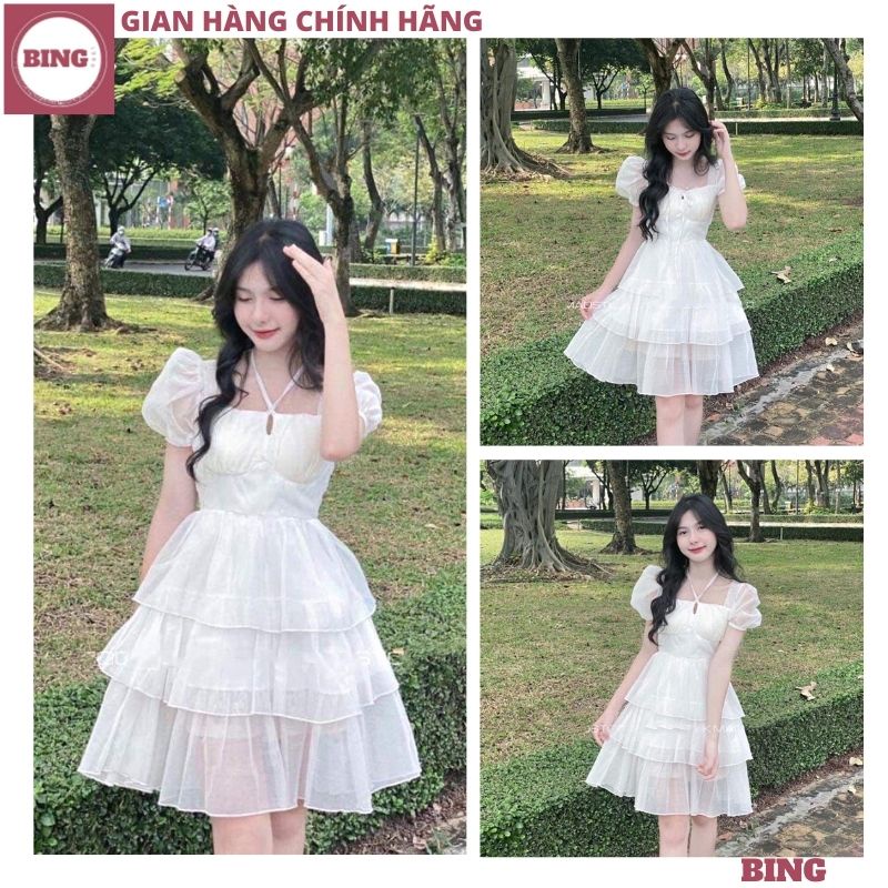 Váy công chúa cổ yếm 3 tầng bánh bèo bồng bềnh, Đầm voan trắng 2 lớp tiểu thư điệu đà đi chơi đi tiệc cực xinh - BING