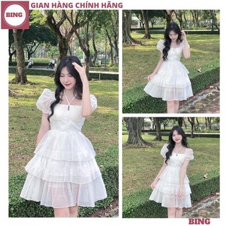 Váy công chúa cổ yếm 3 tầng bánh bèo bồng bềnh, Đầm voan trắng 2 lớp tiểu thư điệu đà đi chơi đi tiệc cực xinh - BING