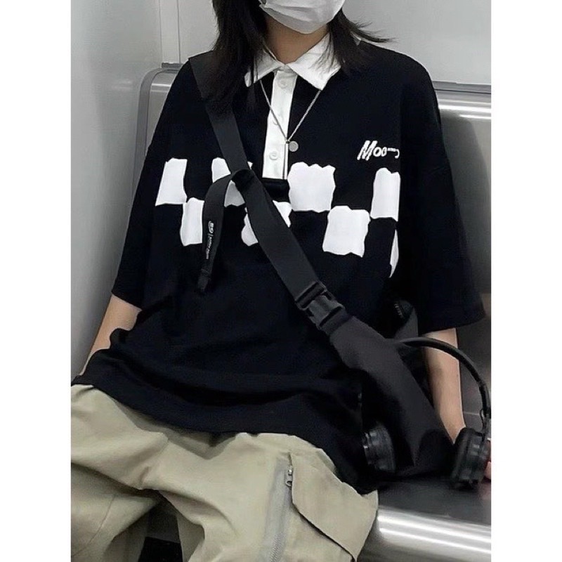 Áo Polo Hoạ Tiết CARO Tay Lỡ Unisex From Rộng Phong Cách Hàn Quốc