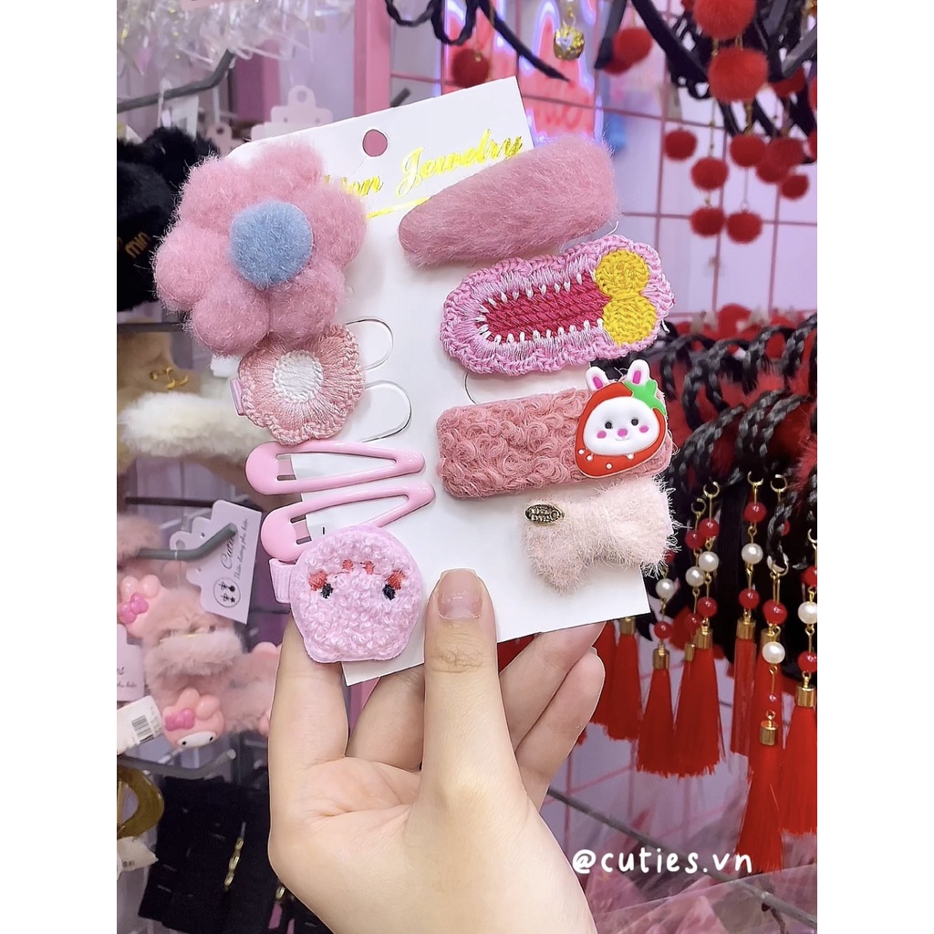 Set Bộ kẹp tóc công chúa bằng vải lông dễ thương họa tiết hoạt hình cho bé gái