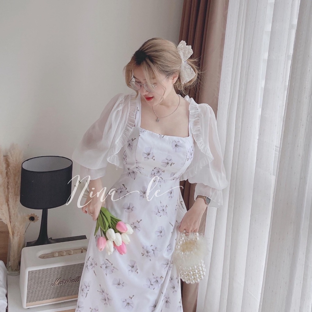 Set váy 2 dây voan hoa tím tiểu thư, đầm hoa xòe kèm áo khoác voan đi biển, váy 2 dây hoa nhí nhẹ nhàng mùa hè