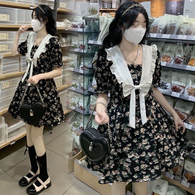 Đầm Ngắn Cổ Thủy Thủ Màu Đen Họa Tiết Hoa Xinh Xắn Thời Trang Mùa Hè Theo Phong Cách Pháp