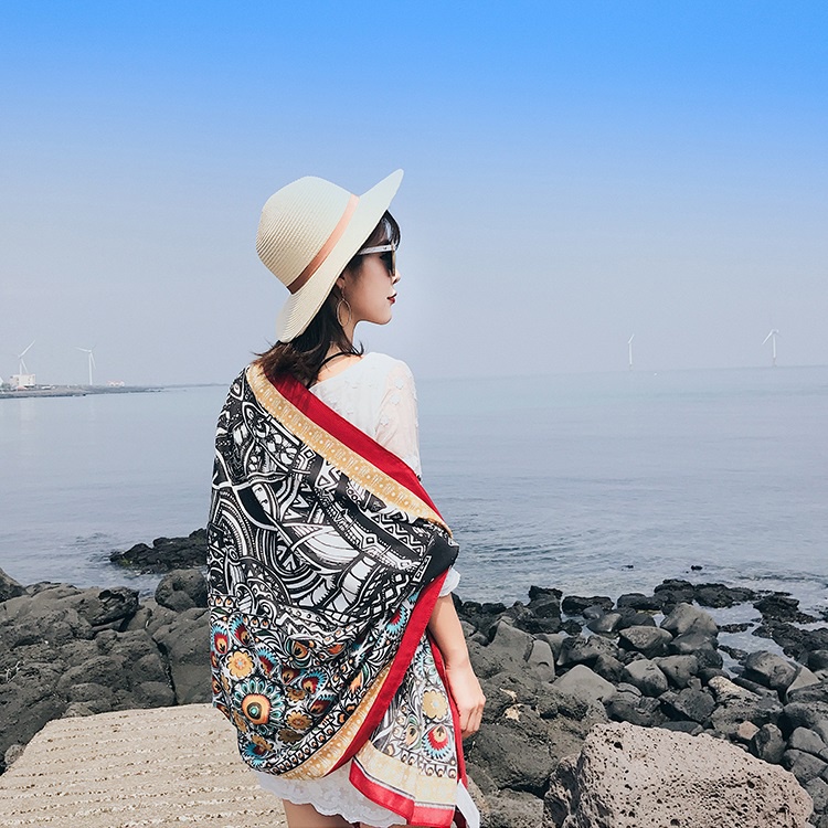 Khăn Choàng Thổ Cẩm Nữ Boho Họa Tiết Màu Đen Viền Đỏ Đi Biển Du Lịch, Chống Nắng Mùa Hè (180cm*90cm) - KLĐB002