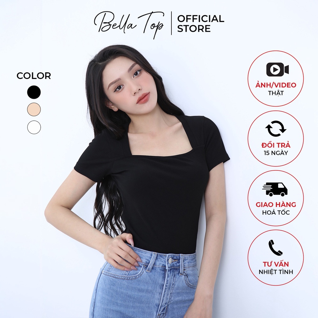 Áo thun nữ, Áo kiểu cổ vuông basic tay ngắn chất liệu gân tăm mềm mịn co giãn - Bella Top MS13