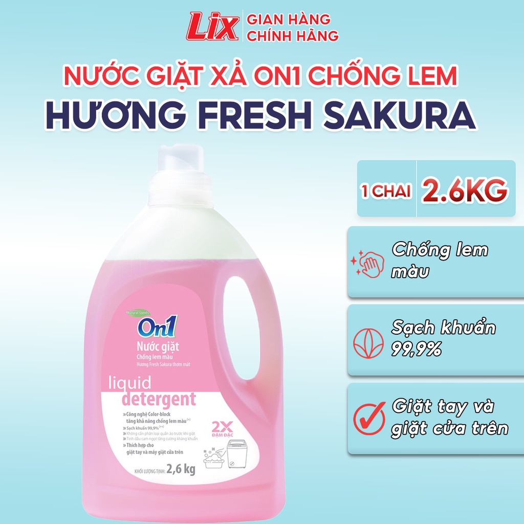 Nước giặt xả On1 chống lem màu hương Fresh Sakura 2.6Kg N6401 sạch khuẩn, khử mùi, thơm lâu cho giặt tay, máy