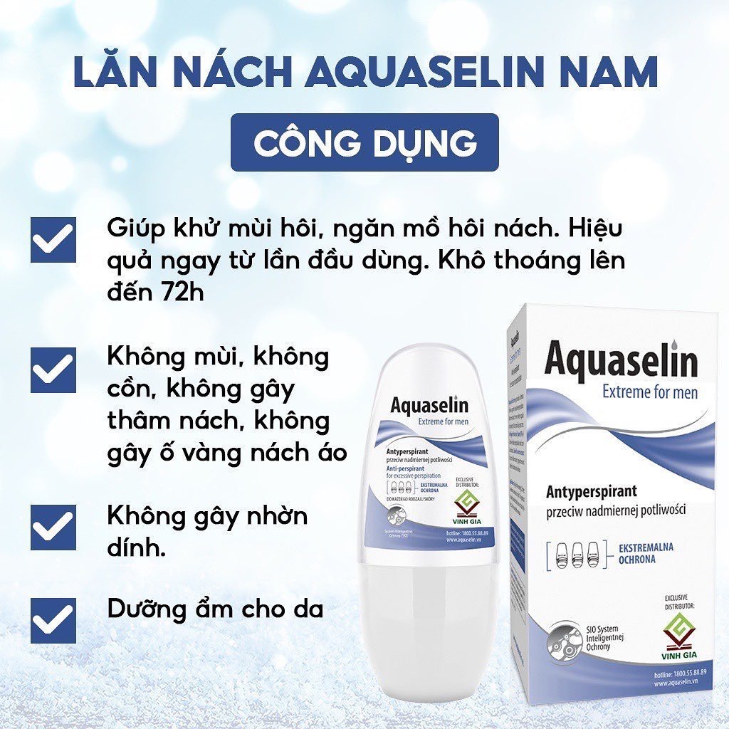 Lăn khử mùi mồ hôi AQUASELIN ngăn mồ hôi, giúp nách khô thoáng Ba Lan 50ml