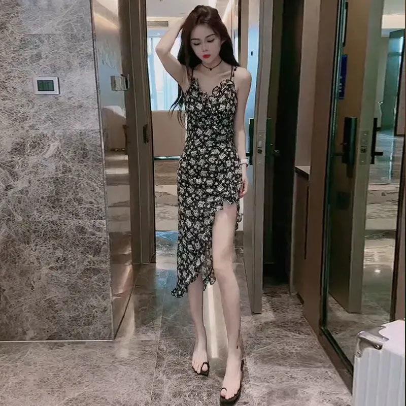 Dbjinternet Đầm Voan Hai Dây Dáng Dài Xẻ Tà Nhỏ Màu Trơn Thời Trang Mùa Hè Quyến Rũ Dành Cho Nữ