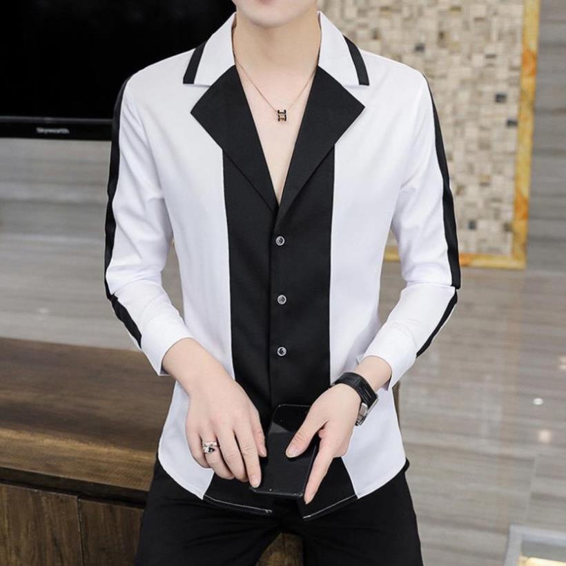 Áo sơ mi nam, Áo Sơ Mi nam Dài tay cổ Vest phối 2 màu Đen - Trắng phong cách lịch lãm sang trọng. Mã N22