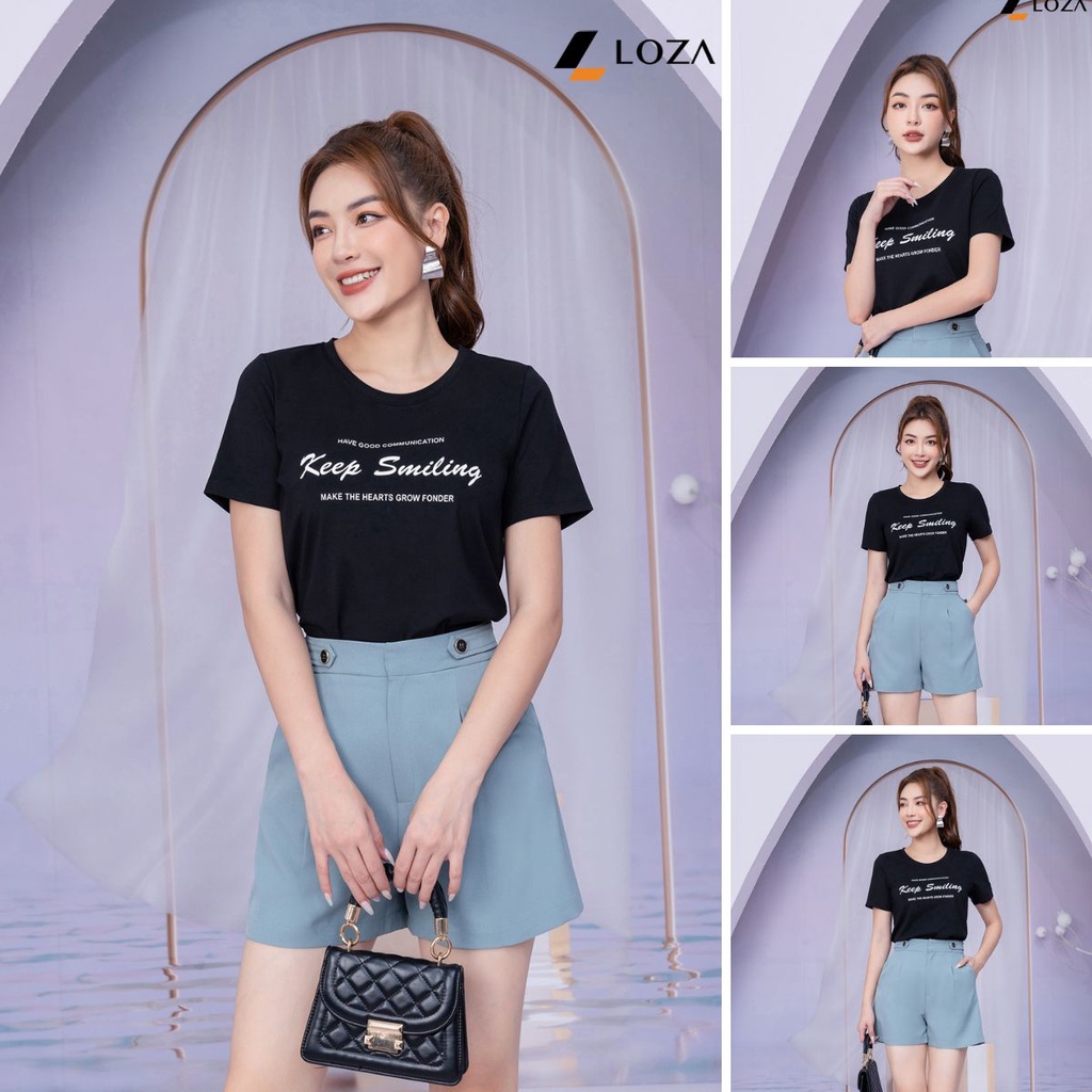 Áo phông in chữ Keep Smiling chất liệu Cotton Compact form vừa LOZA - PT702122