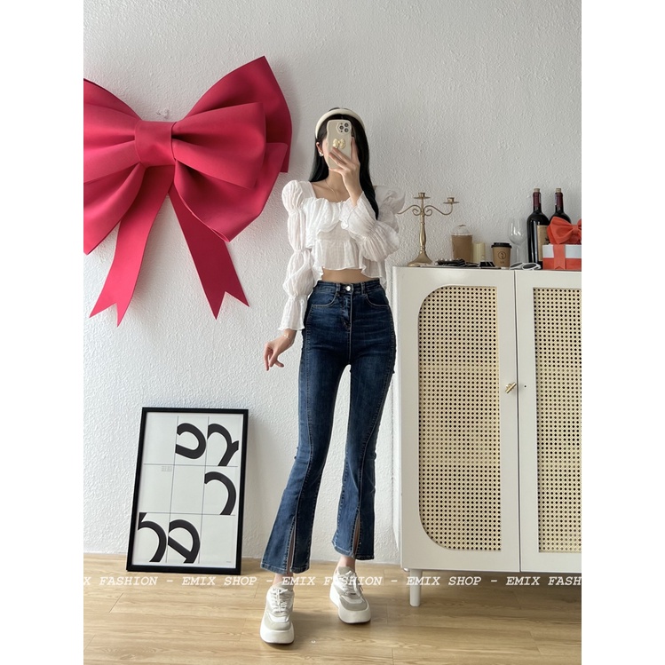 Áo croptop cổ vuông bo tay EMIX, phong cách ulzzang, dài tay, chất xốp chun lưng, freesize dưới 53kg 1227