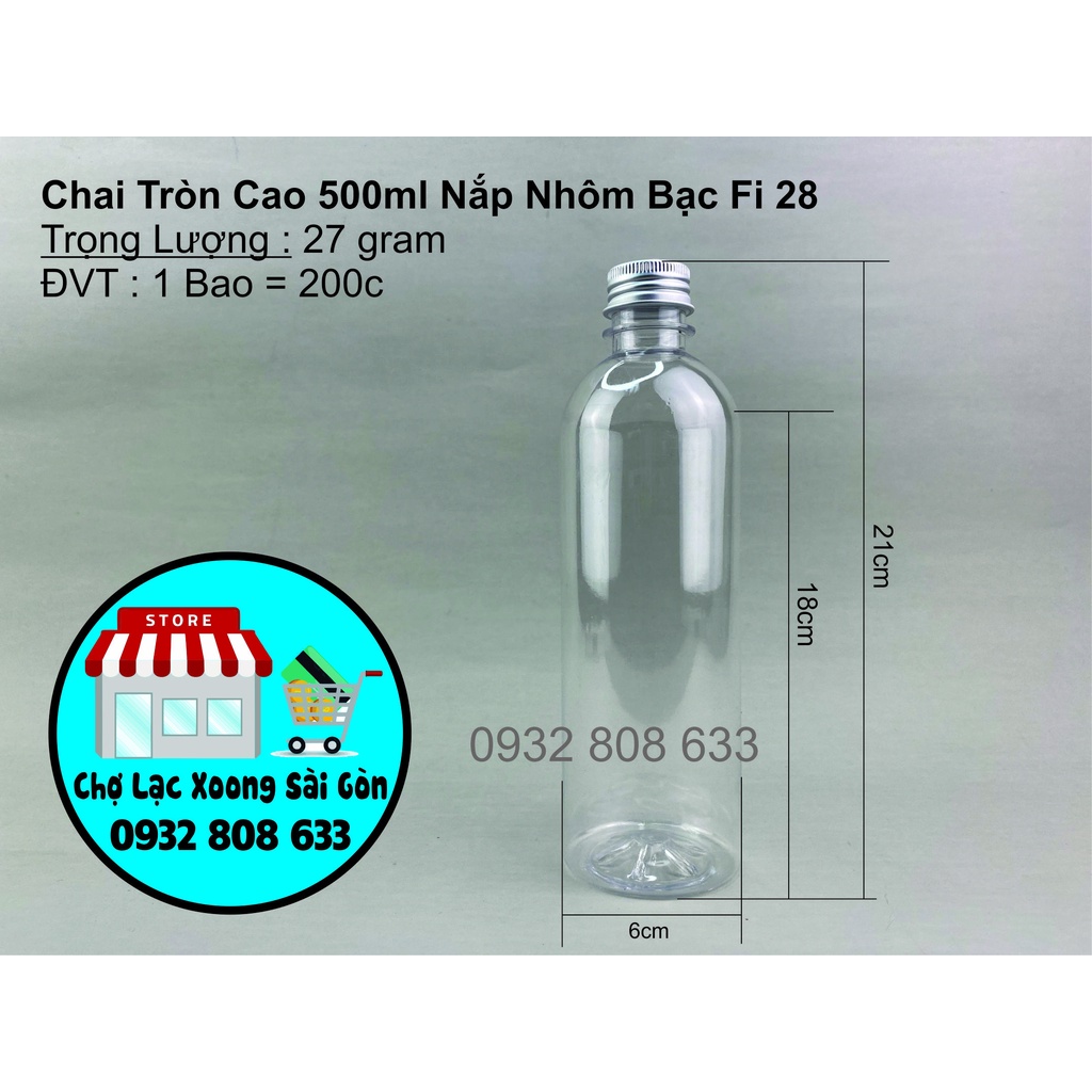 Combo 50 Chai Nhựa Tròn Cao 500ml Nắp Nhôm Bạc Fi 28