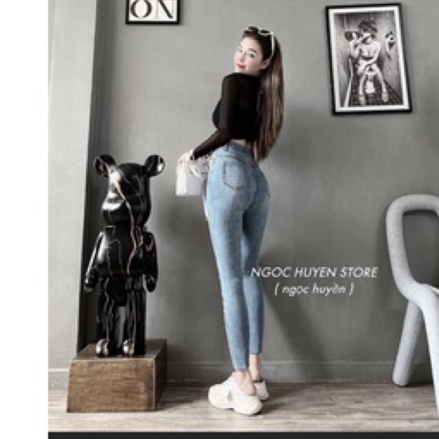 Set jeans dài co giãn trơn + áo lưới tay dài