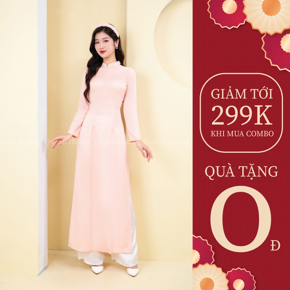 Áo dài giáo viên chất lụa tây thi màu hồng cổ truyền thống đính hạt by Quỳnh Hương