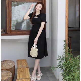 Đầm váy freesize midi đen cổ khoéc