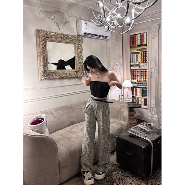 ( ORDER ) Set Áo Ống Quây Cúp Ngực Đen & Quần Dài Ống Suông Màu Caro
