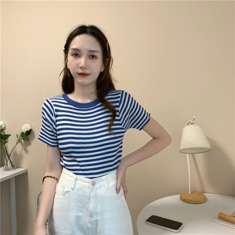 Áo thun dệt kim vải lụa lạnh dáng ôm họa tiết kẻ sọc thời trang cho nữ | BigBuy360 - bigbuy360.vn