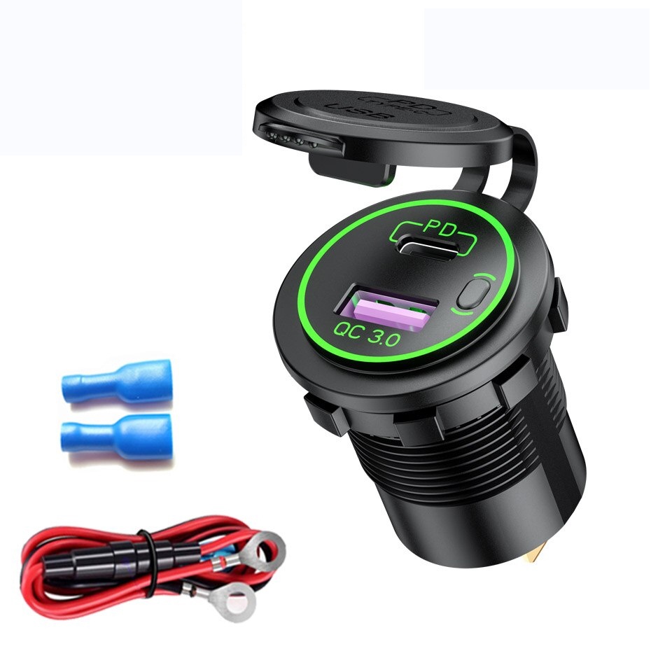 Ổ Cắm Sạc Nhanh Với 1 Cổng USB QC3.0 Và 1 Cổng PD Type C Kèm Công Tắc Bật Tắt Tiện Lợi Chuyên Dụng Cho Ô Tô