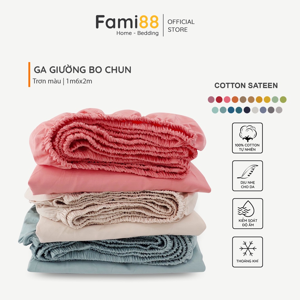 Ga giường 1m6x2m Cotton Satin Hàn Quốc cao cấp màu trơn FAMI88, bộ drap trải nệm, ra trải giường bo chun đẹp 1m6x2m