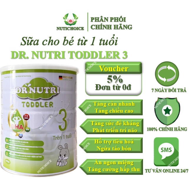 Sữa Bột Dr Nutri Toddled Số 3 Phát Triển Chiều Cao Và Trí Não Cho Bé Từ 1 Tuổi - Hộp 900G