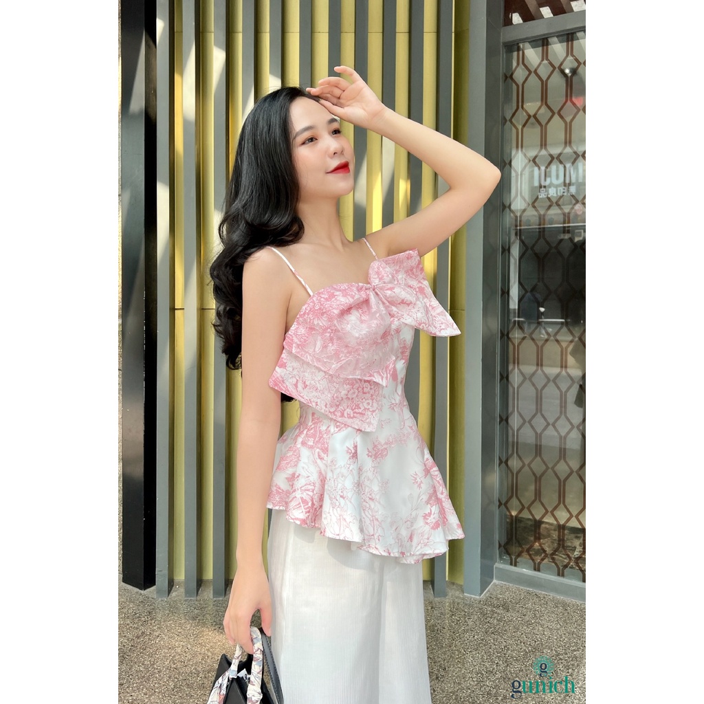 Áo peplum 2 dây đính nơ chất liệu Organza ép họa tiết cao cấp Gunich