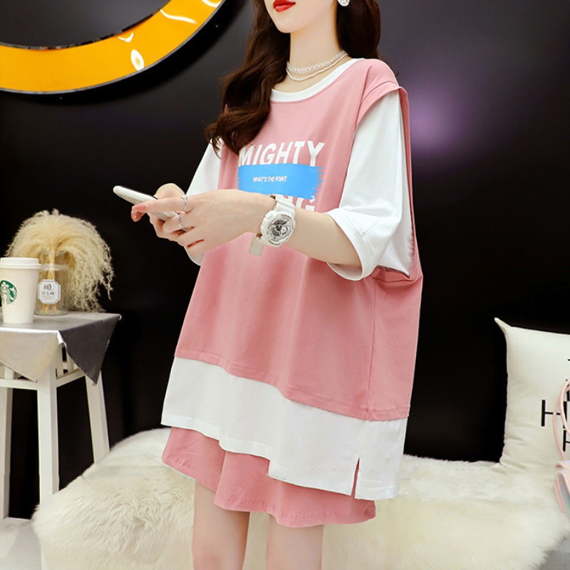 Set Áo Thun Ngắn Tay Giả Hai Lớp + Quần short Dáng Rộng Thời Trang 2023 Cho Nữ