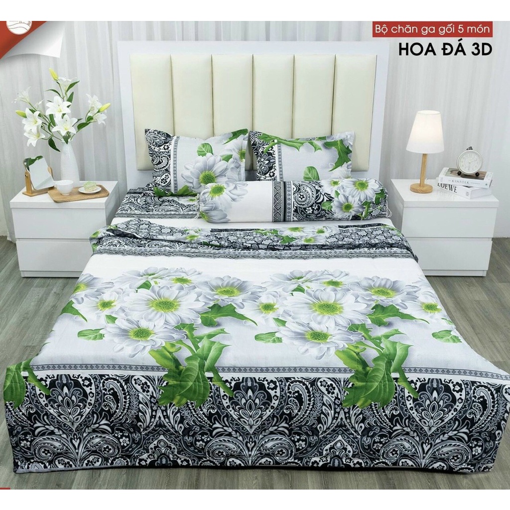 Bộ ga gối 3 món ga chun ga bọc đệm 1m2 1m6 1m8 kèm 2 áo gối mẫu hoa đá 3D - drapbeding