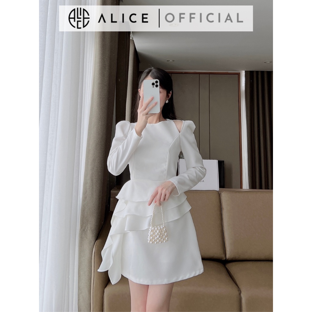 Váy Cổ Tròn Dài Tay Khoét Lệch Vai ALICE Chất Tuyết Mưa Cao Cấp, Lót Lụa, Mặc Đứng Form Thanh Lịch Sang Trọng V900