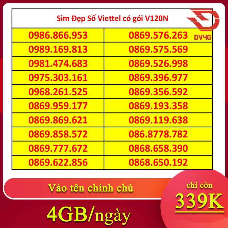 Sim số đẹp Viettel giá rẻ có sẵn gói V120N vào tên chính chủ dùng vĩnh viễn