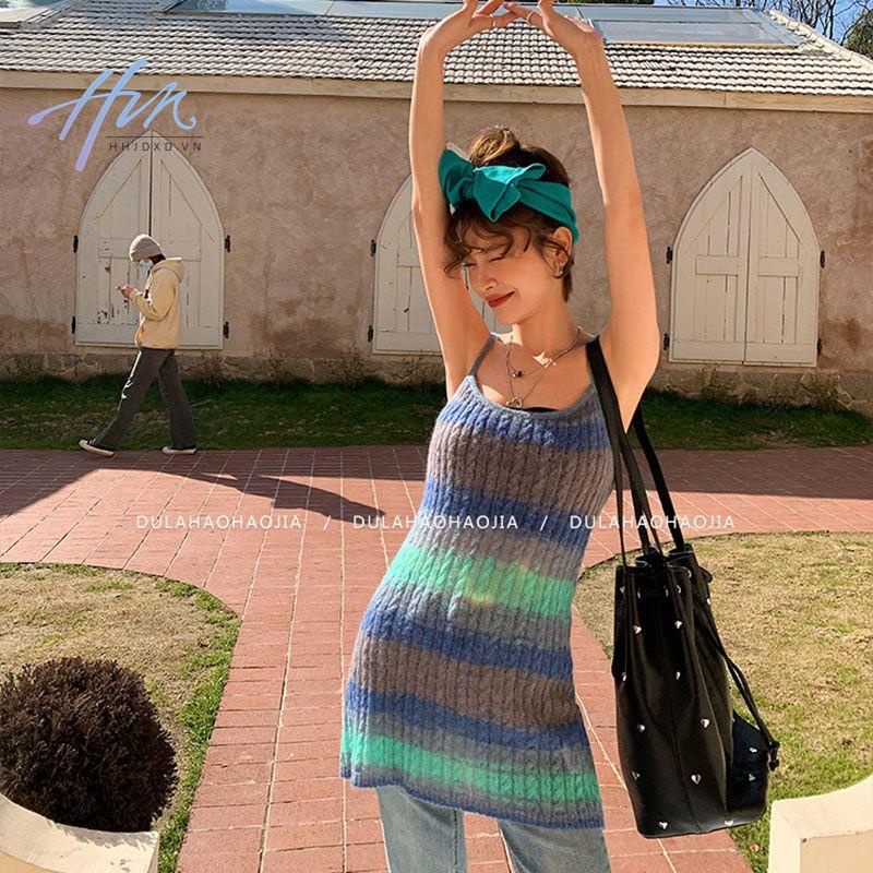 Áo Dệt Kim Hai Dây Dáng Rộng Họa Tiết Kẻ Sọc Màu Sắc Tương Phản Phong Cách Hong Kong Thời Trang Mùa Xuân 2023