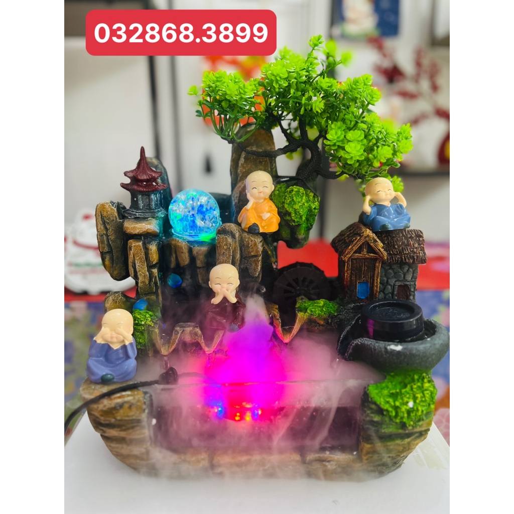 Thác Nước Phong Thủy Tài Lộc, Tiểu Cảnh Hòn Non Bộ Bể Cá Mini - Kèm Bơm, đèn, bi xoay