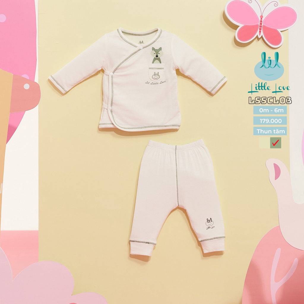 Bộ quần áo dài tay sơ sinh cài lệch 2023 tăm trắng viền cho bé từ 0-6m little love (LSSCL03)