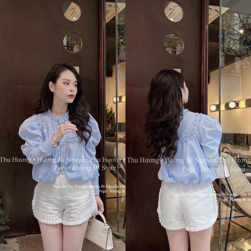 Áo sơmi kẻ tay bồng xếp ly ngực đính đá