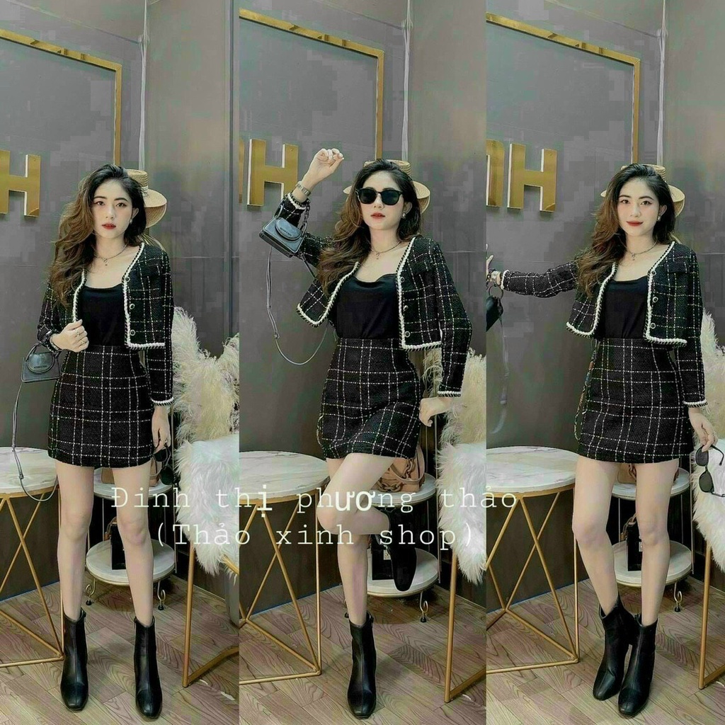 Set đồ nữ đi chơi với chân váy ôm dáng xinh xắn kèm áo croptop giả vest có lót sang trọng quý phái