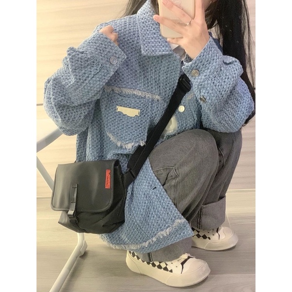 Áo khoác Denim dáng rộng màu xanh mint thêu dệt kim 2023