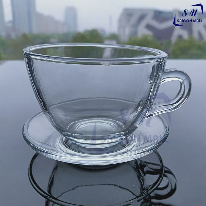 Bộ 6 ly 6 dĩa UNION 210ml / Bộ 6 ly tách thủy tinh uống trà / ly quai uống cafe