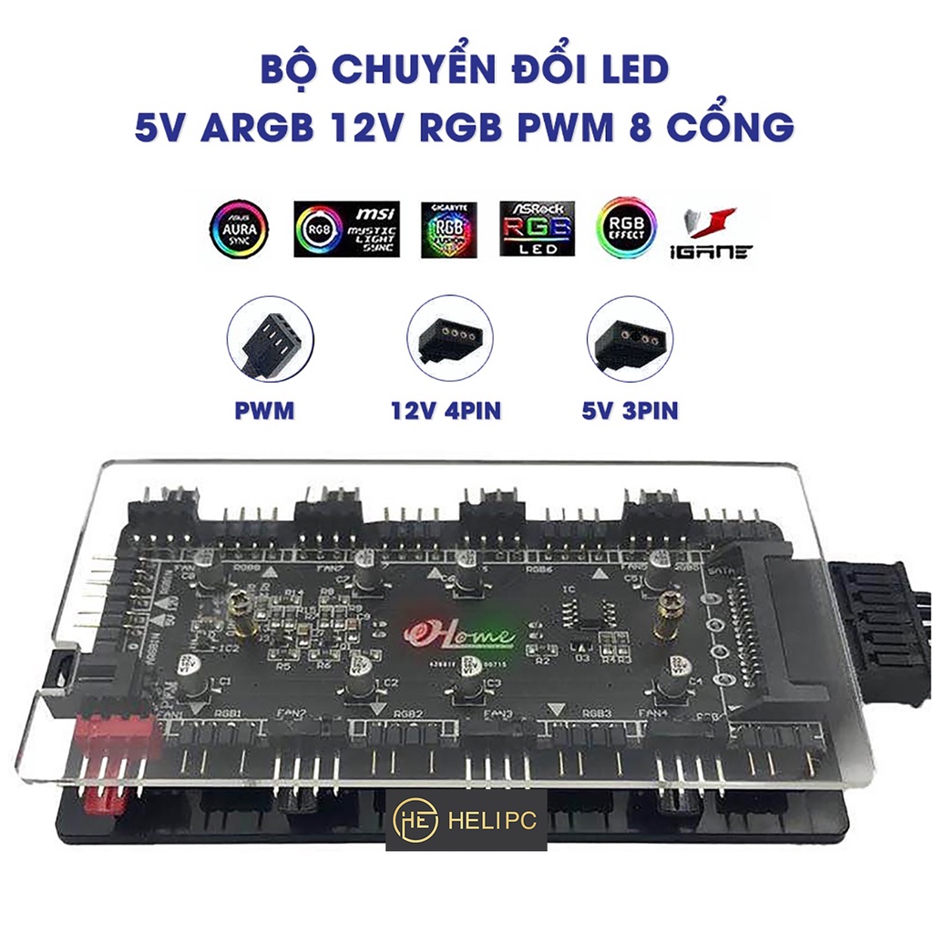 Bộ chuyển đổi LED 5V ARGB 12V RGB PWM 8 cổng - Fan Hub chuyển đổi 12V RGB về 5V ARGB PWM tích hợp