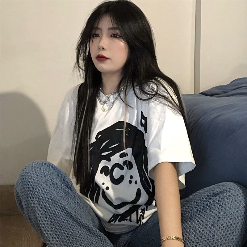 Jiashucheng Áo Thun Cotton Nguyên Chất Tay Ngắn Dáng Rộng In Họa Tiết Hoạt Hình Phong Cách Harajuku Hàn Quốc Thời Trang Mùa Hè