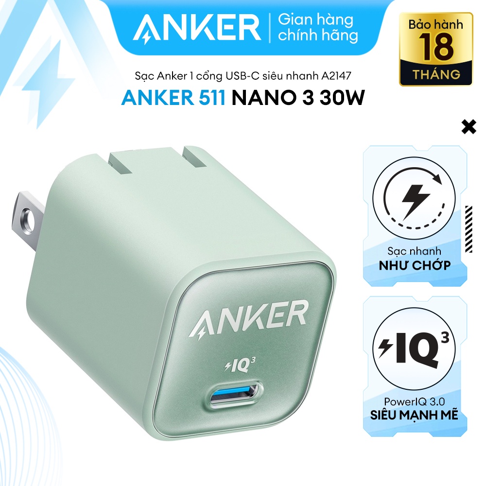 Sạc ANKER 511 Nano 3 30W 1 cổng USB-C PiQ 3.0 tương thích PD - A2147 - Hỗ trợ sạc nhanh 30W cho iPhone 13 trở lên.