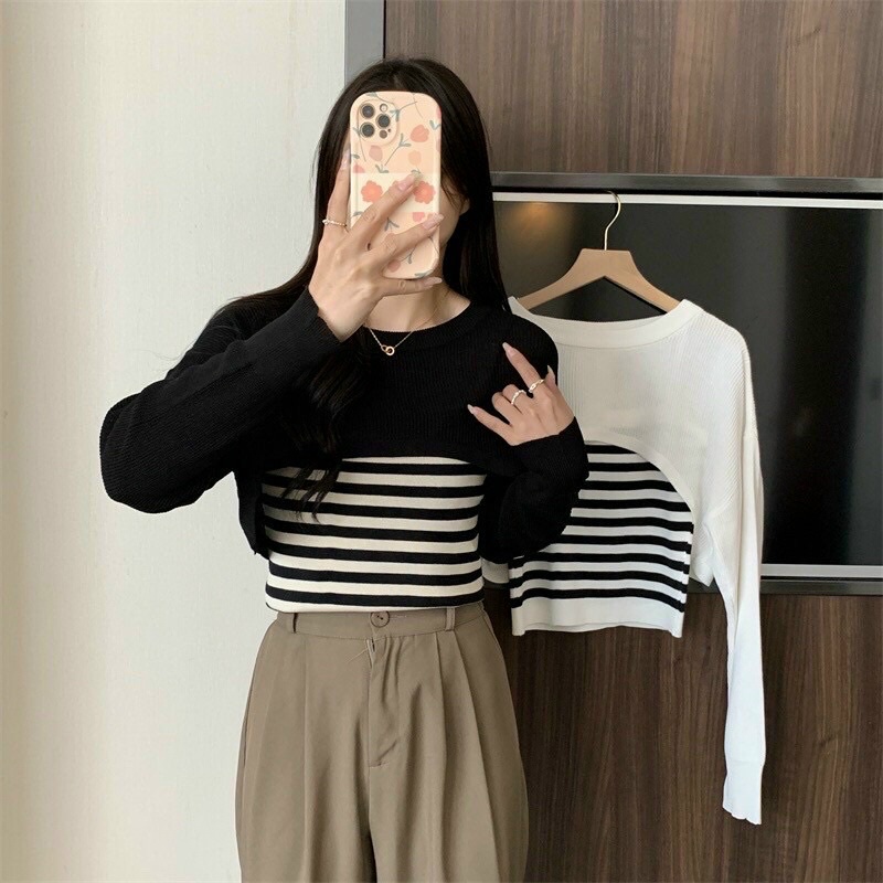 Set áo hai dây sọc kèm áo khoác ngoài, Set áo CROPTOP ngực cài khoen tròn , phối màu sành điệu 🌟🌟🌟SL9888