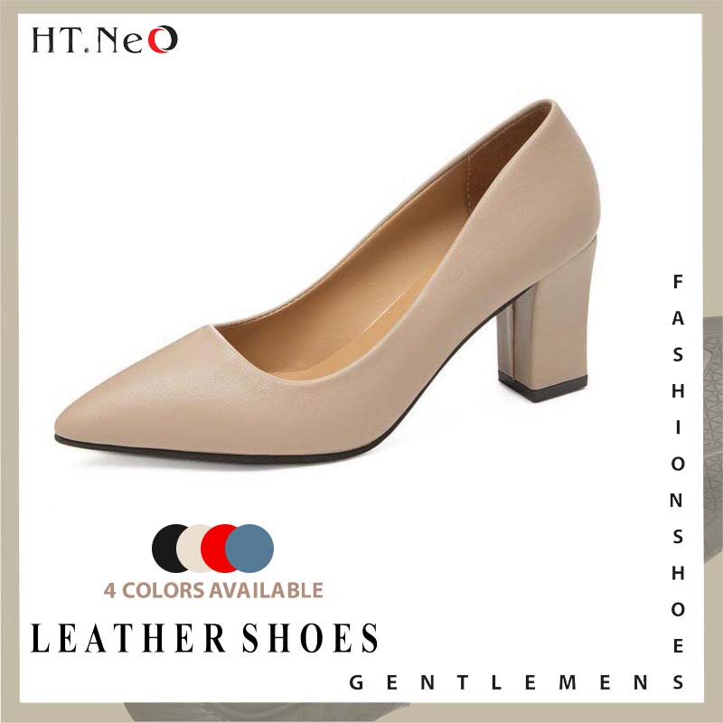 Giày nữ da bò HT.NeO , Giày da cao gót công sở gót vuông cao 7cm da trơn phong cách thanh lịch đơn giản GDN09