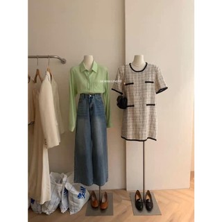 Váy tweed trắng kẻ viền đen IMISS 30051