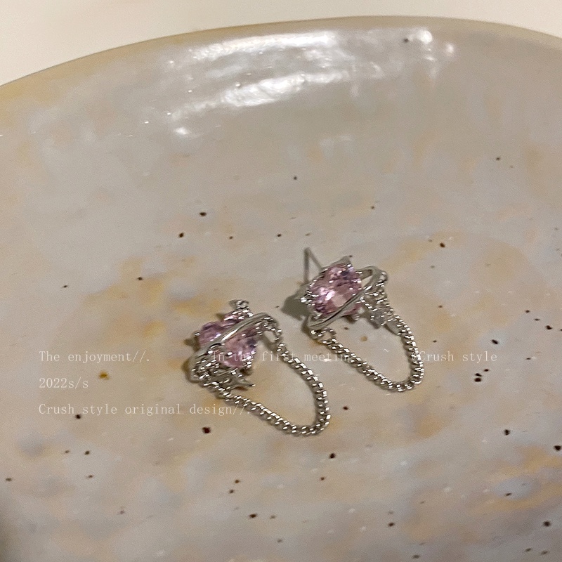 Bông Tai Mạ Bạc 2K Đính Đá Zircon Hình Trái Tim Tua Rua Thời Trang Cho Nữ