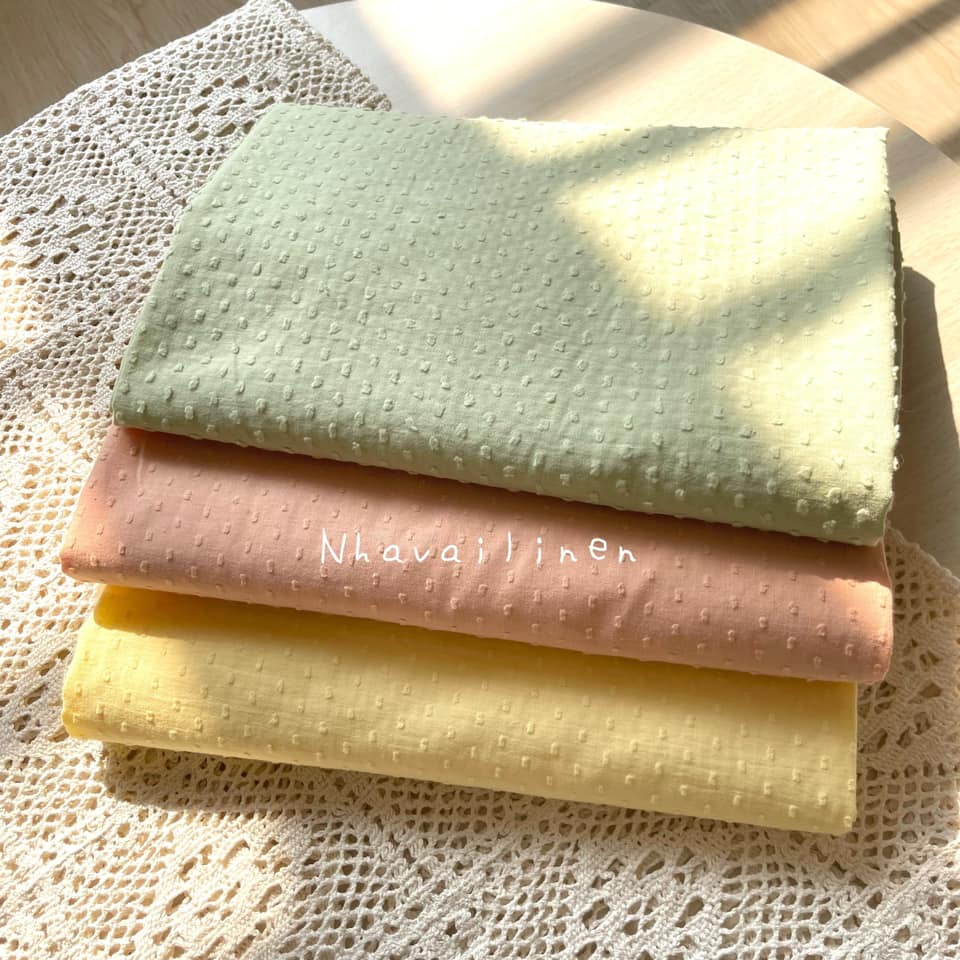 Vải Họa Tiết Xô Hạt Xanh - Cam - Vàng Nhà Vải Linen