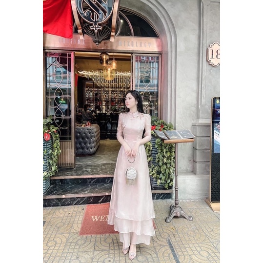 Áo Dài Hoạ Y voan tơ cao cấp 2 lớp 4 tà