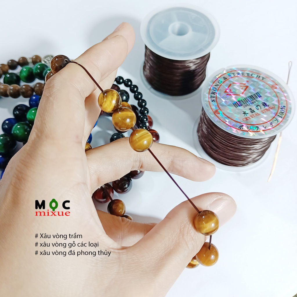 Dây xâu vòng chun co giãn màu nâu 1 cuộn kèm kim gập xâu vòng trầm vòng hạt đá vòng handmade Mộc mixue