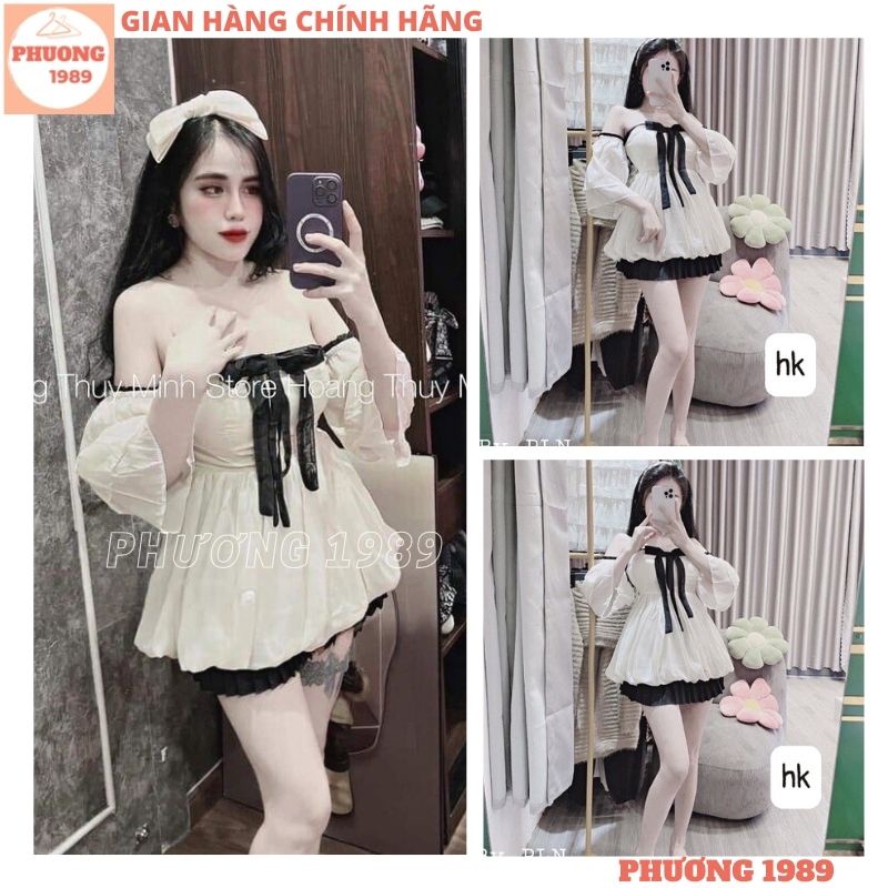 Set Áo Peplum Trễ Vai Tay Lỡ Phối Viền Đen Cột Dây Nơ Cổ Yếm Và Chân Váy Xoè Xếp Ly Ngắn - Tiểu Thư Bánh Bèo Cute - 1989